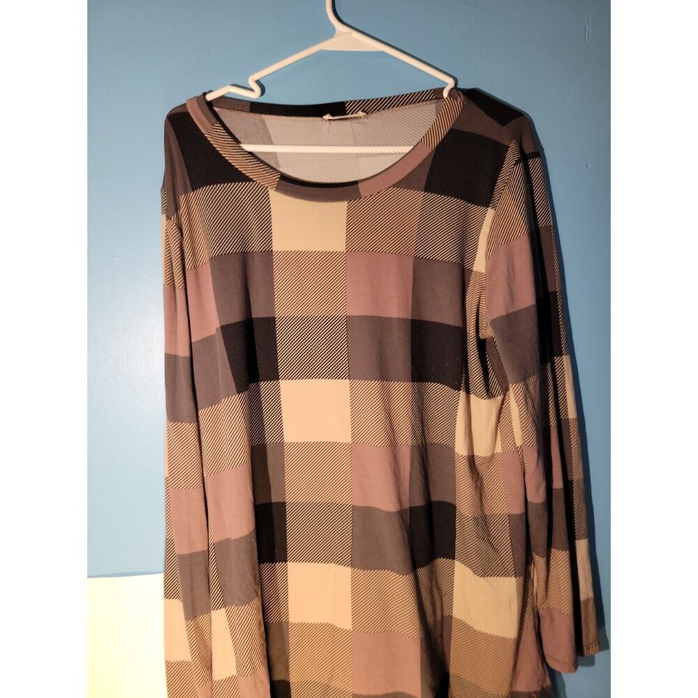 Bombom Womens Long Sleeve Tan Plaid Blouse Size XL